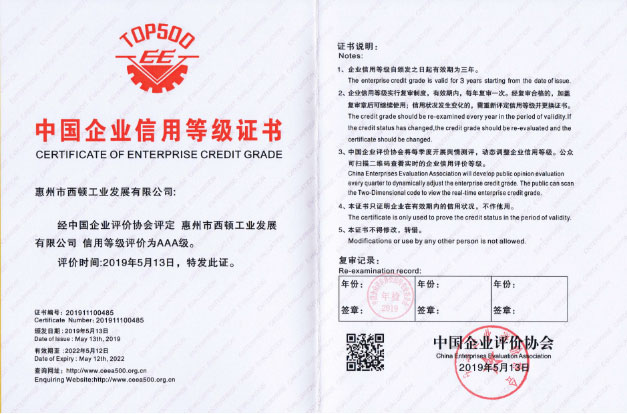 中国企业信用等级证书